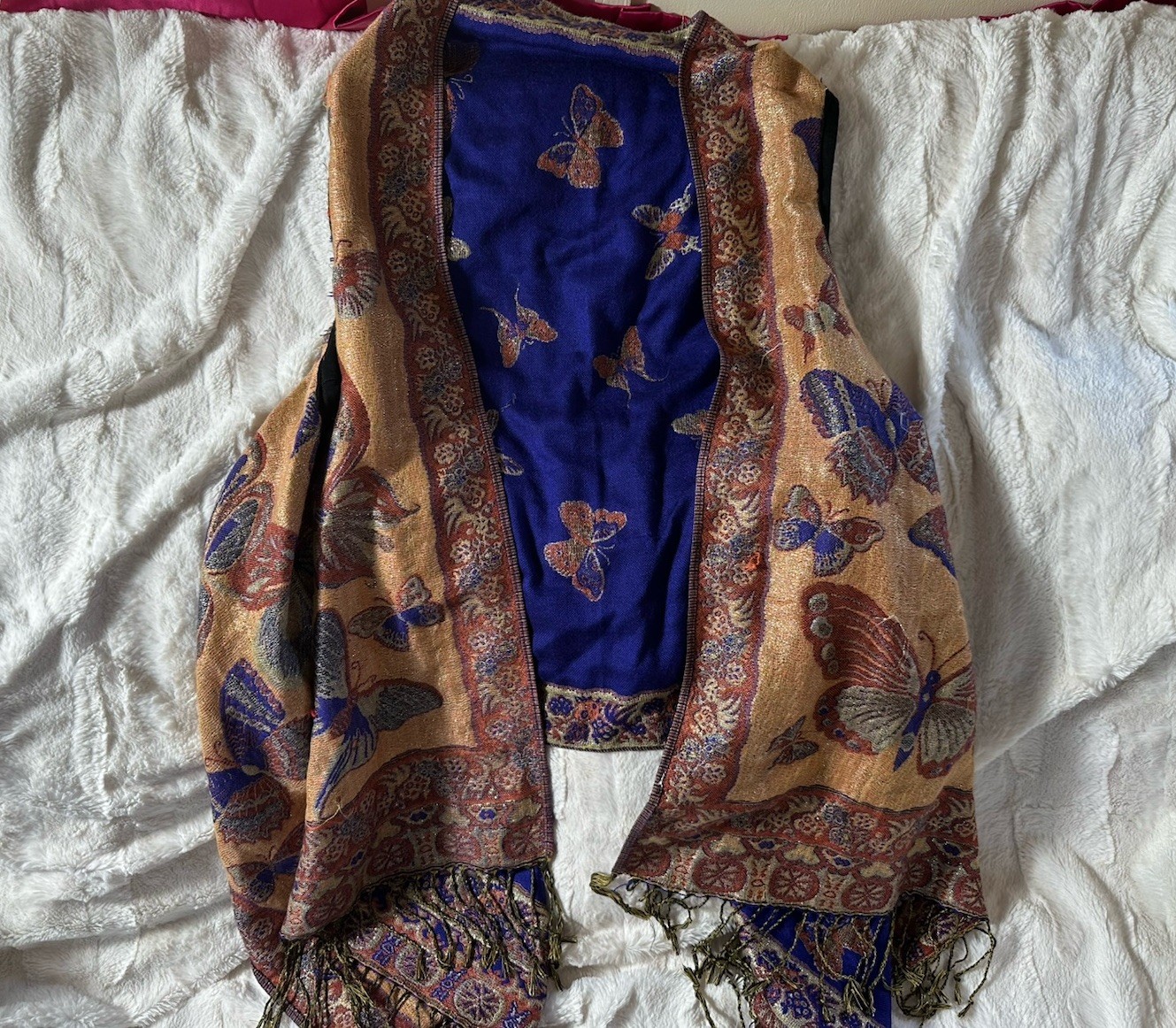 Butterfly Pattern Woven Rectangle Shawl with Frin… - image 7