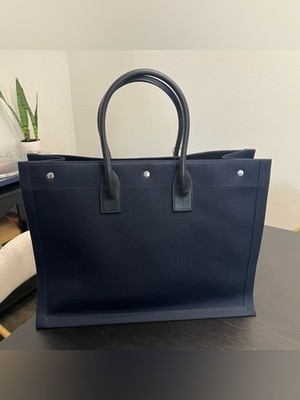 SAINT LAURENT PARIS ハンドバッグ ネイビー NEW YSL Saint Laurent Navy Blue Rive Gauche Large Canvas Tote Bag