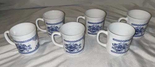 Arcopal Set of 6 France Honorine Blue & White Coffee Tea Mugs Cups Milk Glass