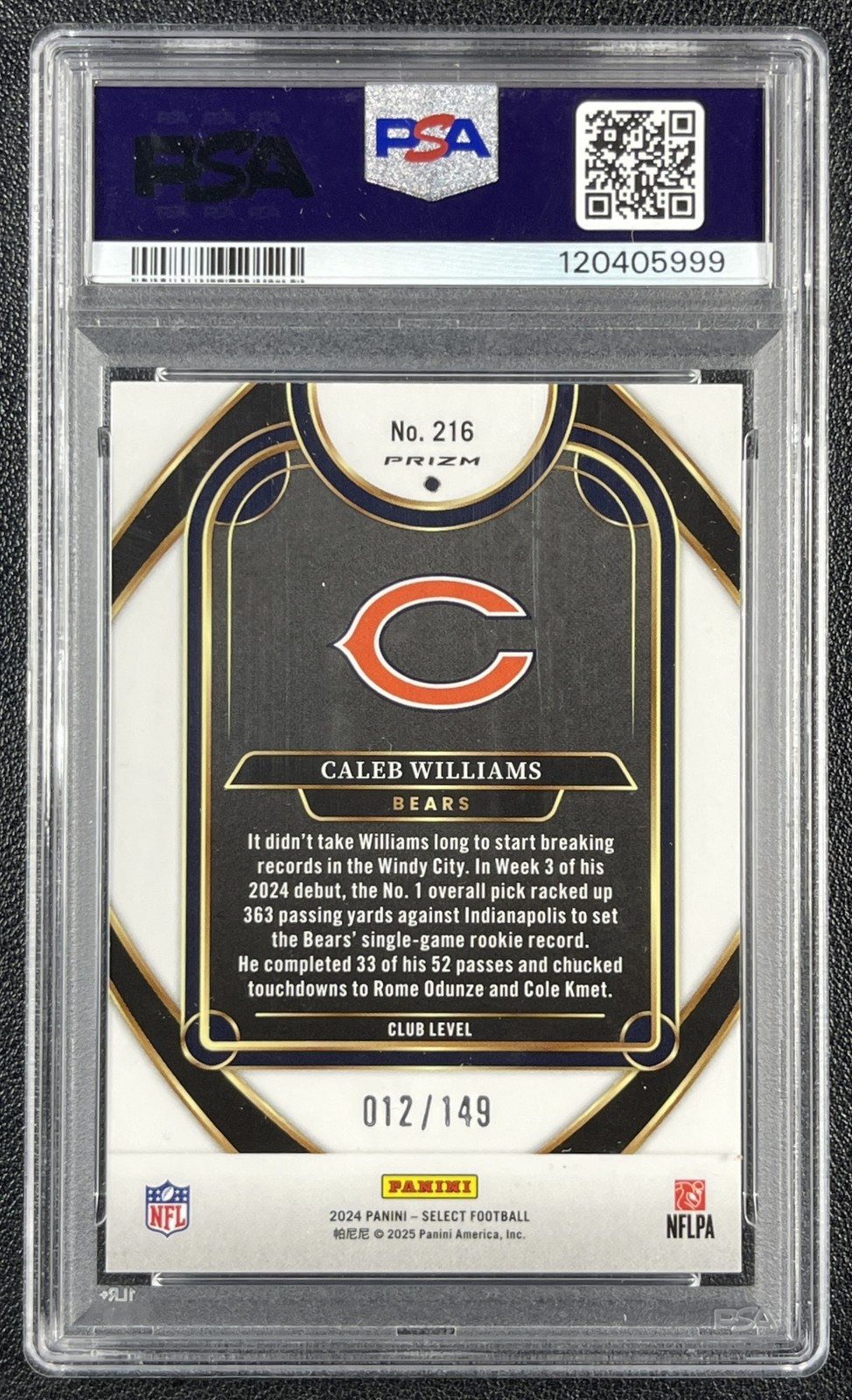 CALEB WILLIAMS PSA 9 2024 PANINI SELECT #216 ROOKIE CLUB TRI-COLOR PRIZM 12/149 view 2