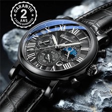 Montre Homme Phase de Lune Dateur Chronomètre Bracelet Acier Inox ou Cuir Roman