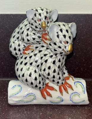 Herend Pair of Koalas Mommy & Baby - Black Fishnet w/ Rust Accent