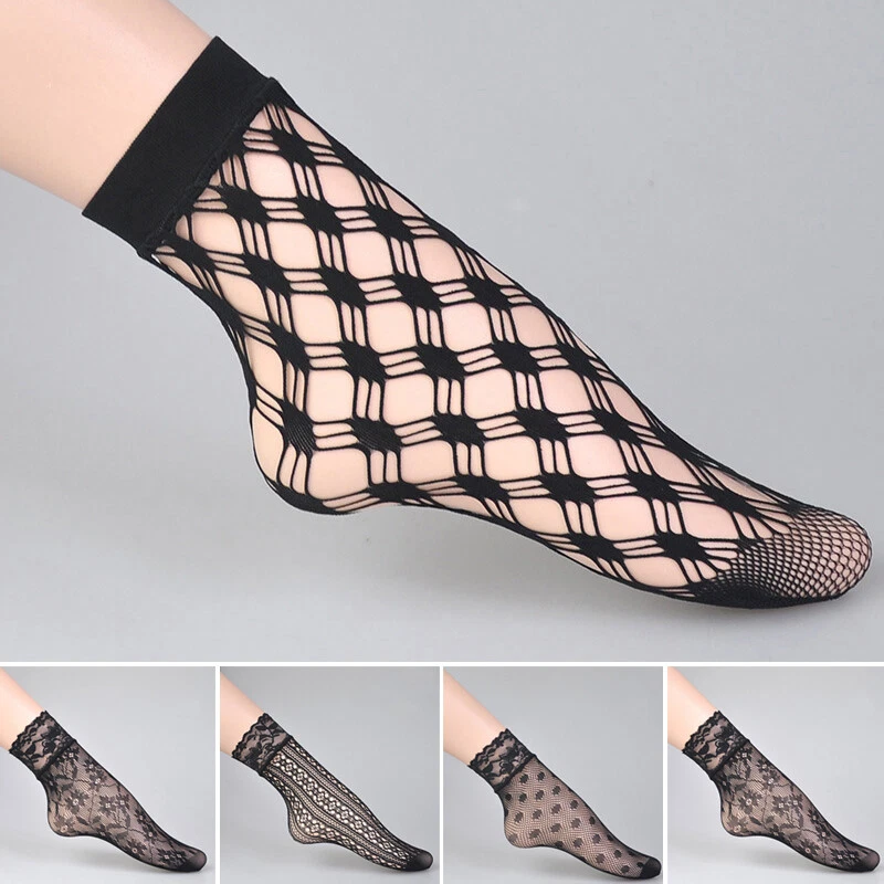 5 Pairs Womens Fishnet Socks Transparent Elastic Lace Sheer Net Mesh Ankle Socks