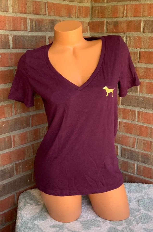 Victorias Secret PINK VNeck Short Sleeve TShirt Top Maroon Bling Dog