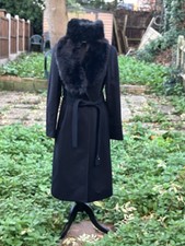 Elegant Jigsaw Black Wool Mix Wrap Coat With Faux Fur Collar, Uk 12