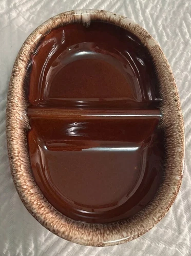 Retro HULL H.P. Co Oven Proof Oval Divided Serving Dish ~ Brown Drip Pottery USA