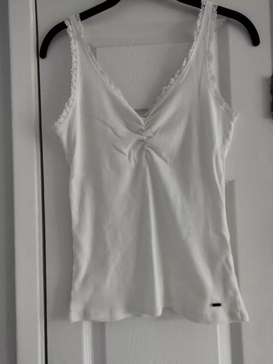 Hollister California Shirt Womens Large White Lace Trim Ribbed Slim Tank  Top