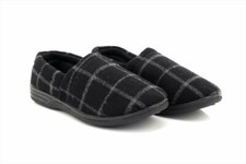 Mens James Warm Velour Tartan Effect Luxury Indoor Slippers Black