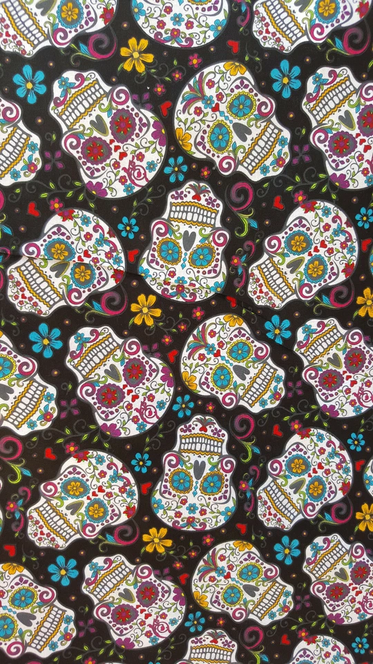 Black Cotton Fabric White Sugar Skull Calavera Dia De Muerto Day of Dead By Yard - Image 3 of 4