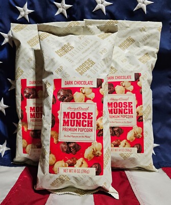 3 Bags 14 oz Harry & David Moose Crunch Premium Popcorn Dark Chocolate