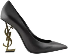 Saint Laurent OPYUM YSL Pointy Toe Black Leather Bronze Gold Heel Pump 36 -5.5