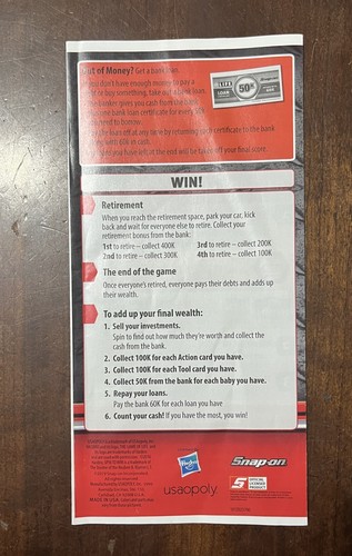 Snap-on Tools Game of Life Board Game Hasbro Family Collector: Game Instructions - Picture 2 of 2