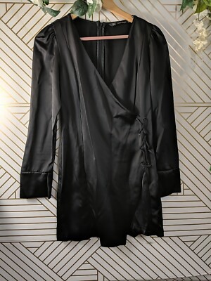 zara trafaluc leather dress ZARA TRAFALUC TRF Women's Black Long Sleeve Wrap Dress Satin V-Neck Size  Medium