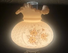 FENTON Custard Satin Glass Handpainted Signed Weave Student Lamp Shade