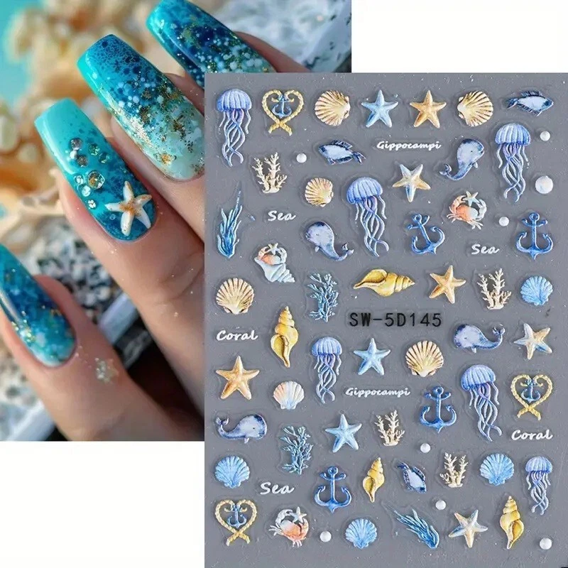 NAIL STICKERS FLOWERS TULIPS 5D Nail Art Aufkleber geprägt Sommerurlaub Muscheln Seesterne Meeranker J5d120
