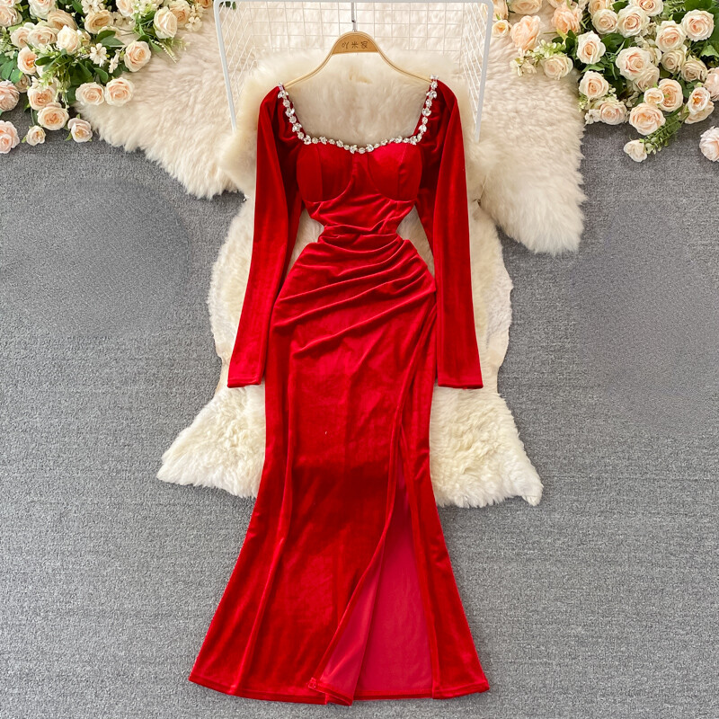 Lady Retro Velvet Dress Long Sleeve Side Slit Square Neck Party Evening  Dress