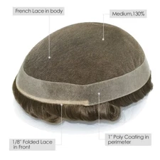Mens Toupee Human Hair Replacement Hairpieces French Lace Poly Hair System #6