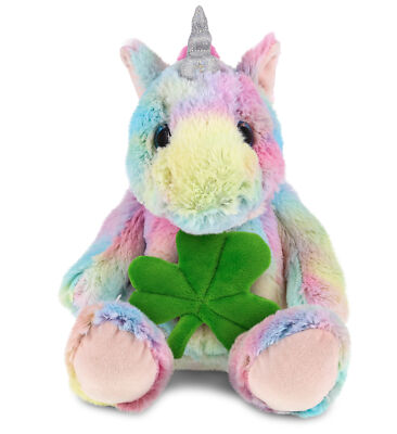 DolliBu Sitting Rainbow Unicorn Stuffed Animal with Green Plush Shamrock-9 Inch