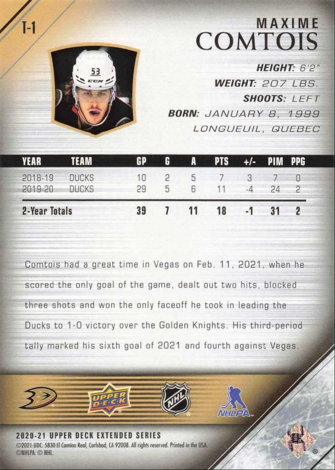 2020-21 UD Extended Series 05-06 Retro Tribute Maxime Comtois Anaheim Ducks #T-1 - Image 2 of 2