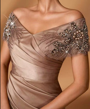 Women Size L Off Shoulder Beaded Gem Stone Satin Trumpet Gown Mother of Bride