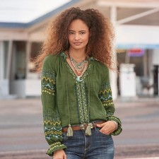 NWT Sundance Living Catalog Women  s Embroidered TOTORA Green Long Sleeve Top XL
