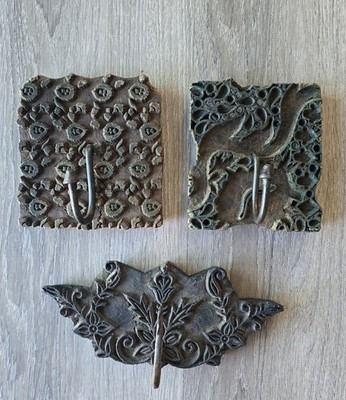 3 Carved Wood Fabric Printing Block  Metal Wall Hook India Boho Art Architecture