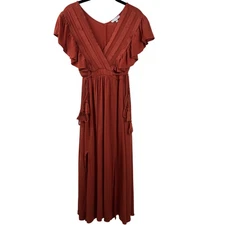 Baltic Born Dress Womens XL Maxi Ruffle Sleeve Boho Tassel Tie Slit Rayon