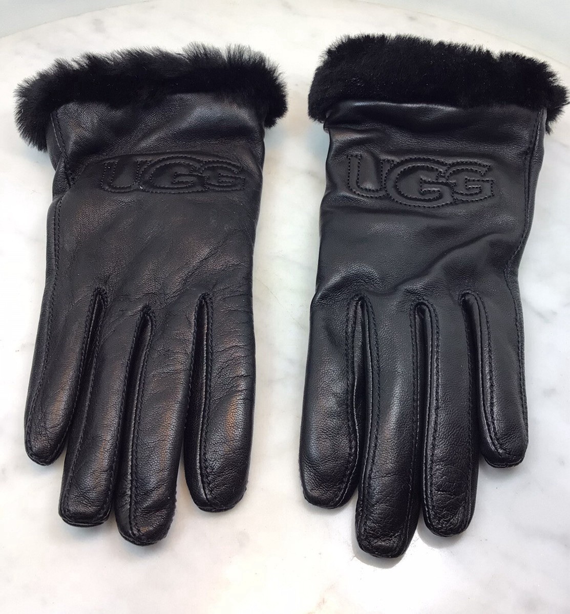 Ugg Black Leather Glove With Fur Trim And Cashmere Lining Small