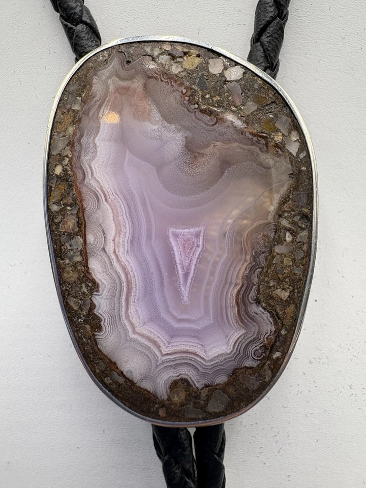 Винтажный индейский фиолетовый агатовый кожаный кружевной галстук-боло пуля из чистого серебра - Изображение 2 из 4