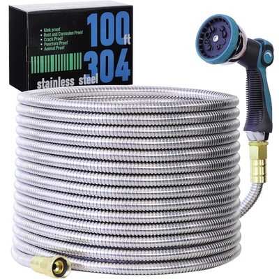 100FT Garden Hose, 304 Stainless Steel Water Hose, Flexible with a 10-Mode No...