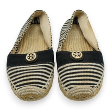 Tory Burch Women  s Size 7 Slip On Espadrilles Navy Striped Canvas Logo