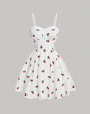 SHEIN MOD White Cherry Embroidery Spaghetti Strap Dress (UK Size 8 - Small)