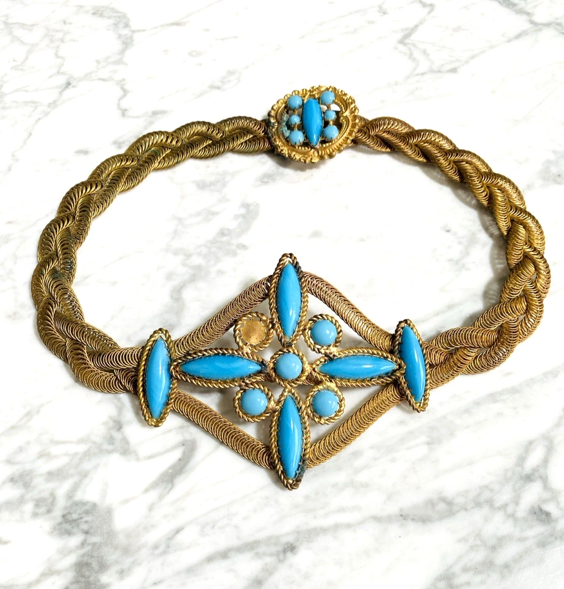 Antique Victorian Art Nouveau Turquoise Glass Belt Gibson Girl Restore Antique Art Nouveau Goddess Belt | Edwardian Gilt Brass  main image 2