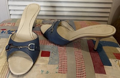 VTG Gucci Navy Blue Horsebit Open Toe Heel  Mule Pump Slide Sandals Y2KSize 37.5