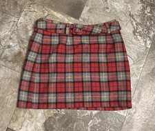 Old Navy Red Plaid Mini Skirt Sz 4 belted Wool blend Skater School Y2K 2323