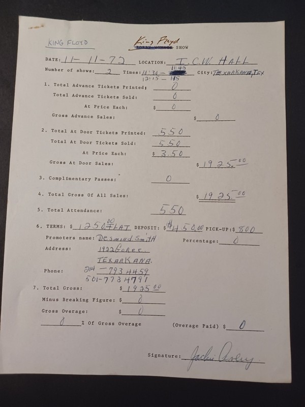 Jackie Avery Signed 1972 King Floyd Contract - Texarkana, Texas Promoter