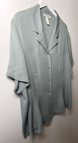 Jones New York Silk Blouse 24W Green Short Sleeve Button Front Plus Career Top - Picture 3 of 5