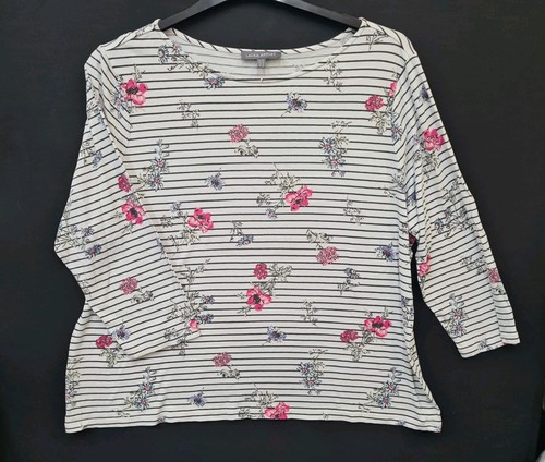 WOMENS LAURA ASHLEY WHITE STRIPE FLORAL 3/4 SLEEVE CASUAL TOP UK 20