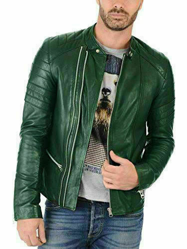 ALTRA Giacca uomo vera pelle di agnello tinta unita design classico slim fit biker verde