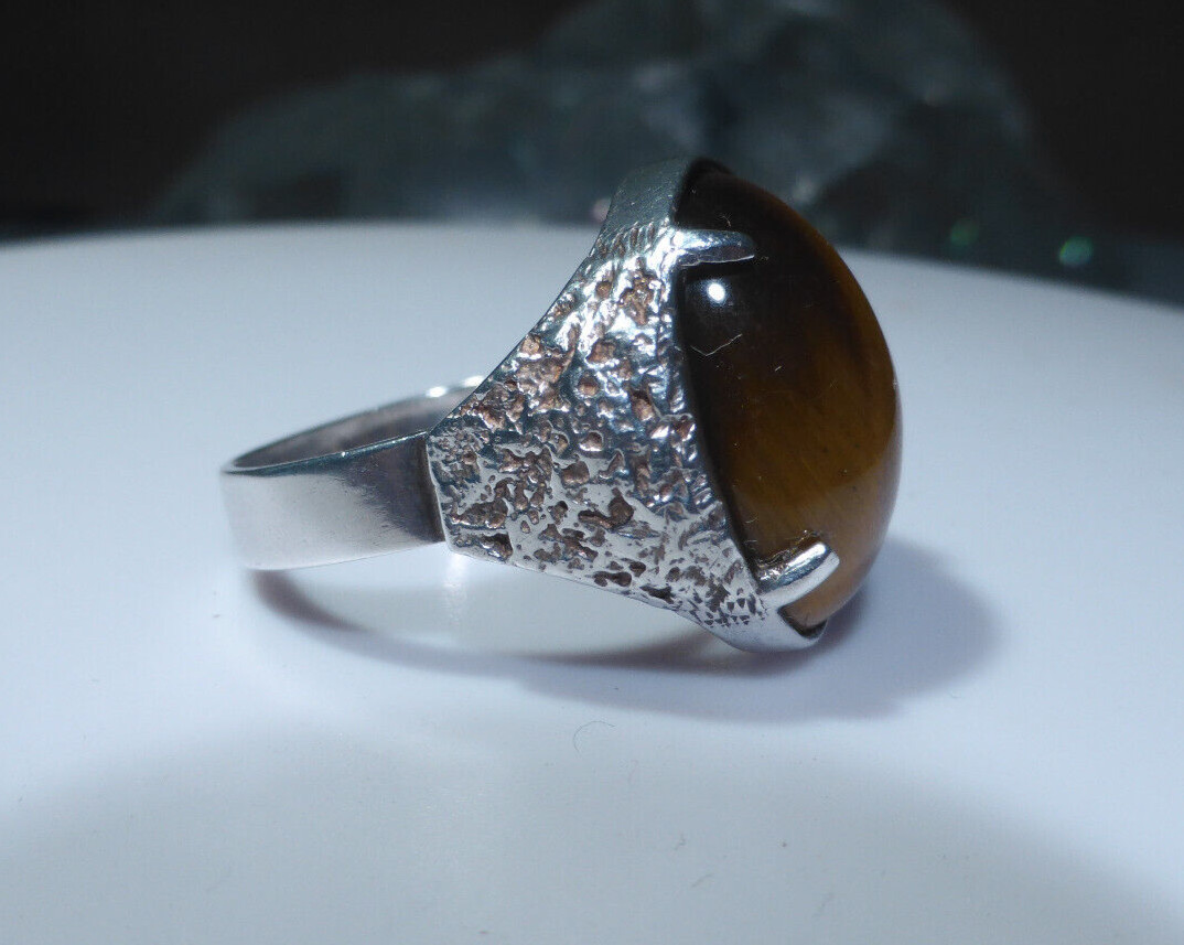 Solid Silver Ring Tigers Eye UK Hallmark 1975 Mak… - image 9