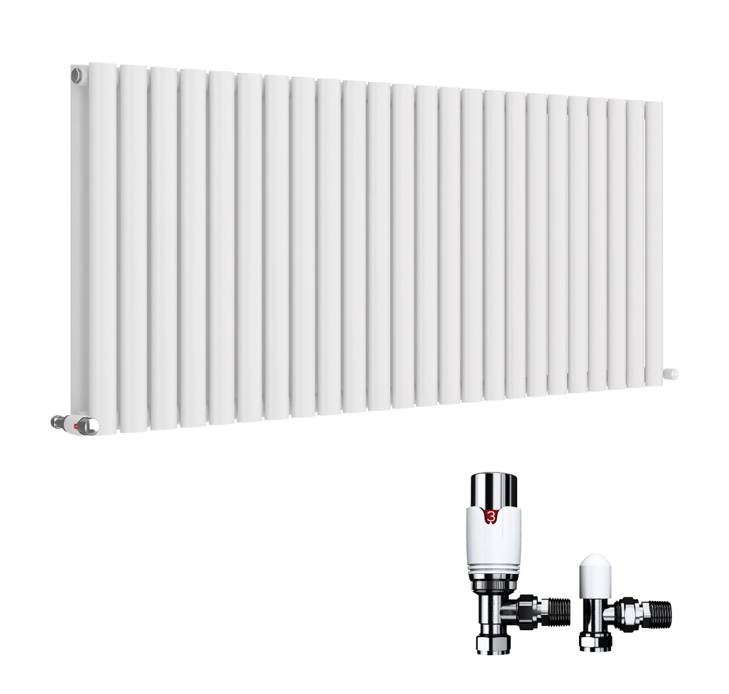 Designer Radiator Horizontal Double Oval Panel White with Valve 600x1440mm