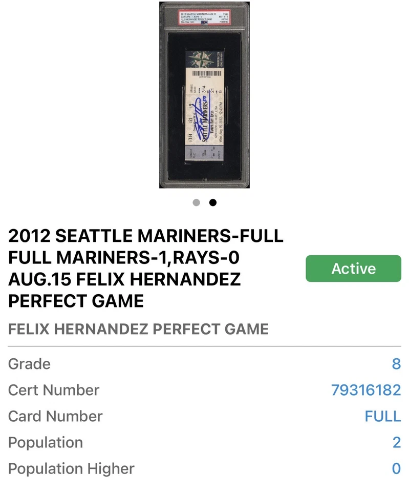 Felix Hernandez Autographed Perfect Game Ticket PSA 8 - Auto 9 - Future HOF! - Image 3 of 3