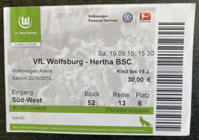 3667 Ticket Bl 2015/2016 Vfl Wolfsburg - Hertha Bsc , 19.09.2015 - Süd-west