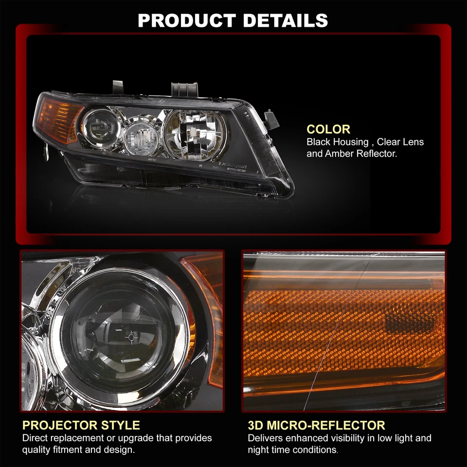 For 2004-2008 Acura TSX CL7 CL9 Black Amber Factory Style Projector Headlights Foto 3 de 4