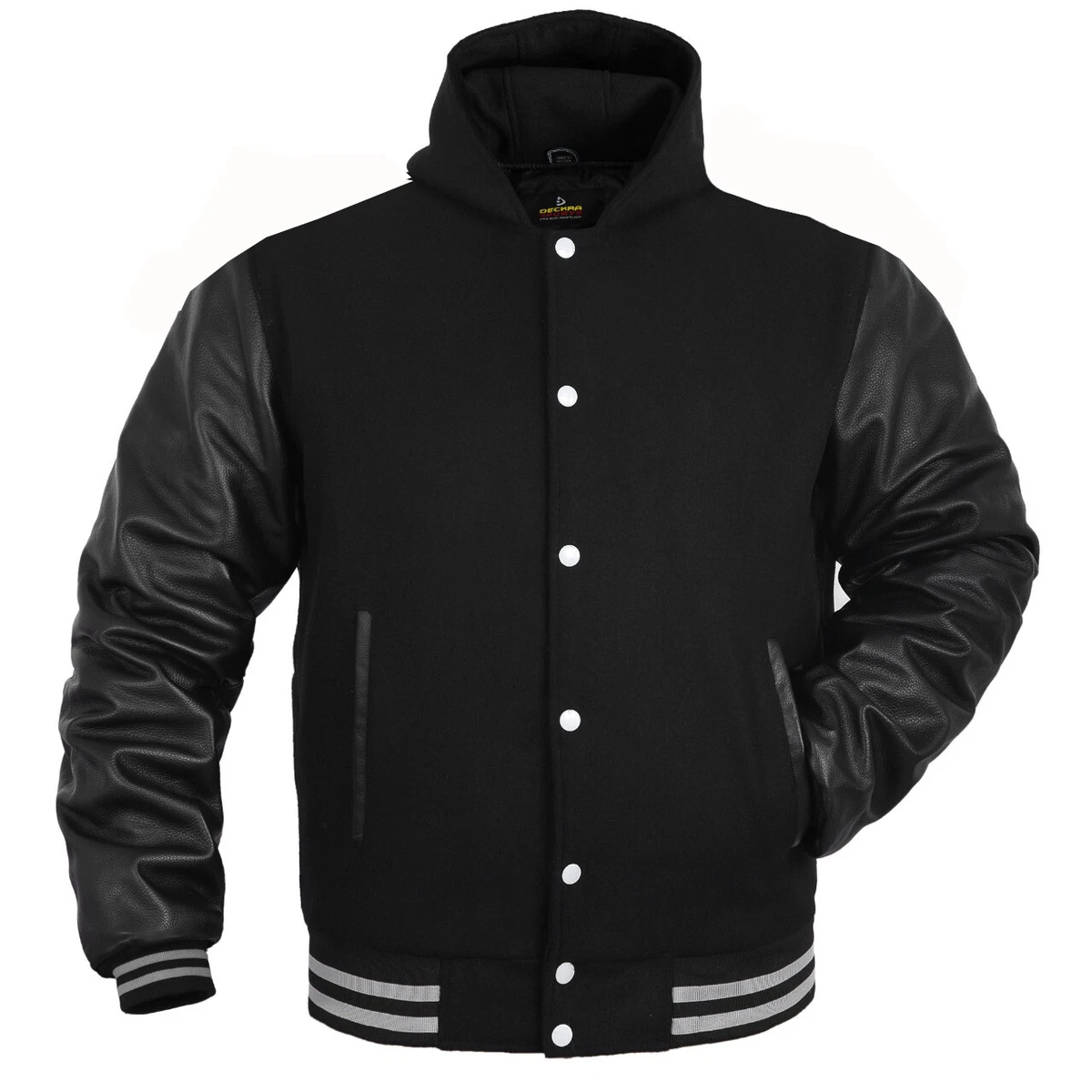 Mens Letterman Jacket with Hood Wool + Leather Varsity Baseball Jackets  Hoodie