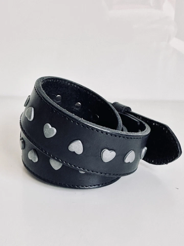 MOSCHINO Vintage Belt Leather Women Black Silver Hearts Metal Buckle Size 85 S M - Image 2 of 4