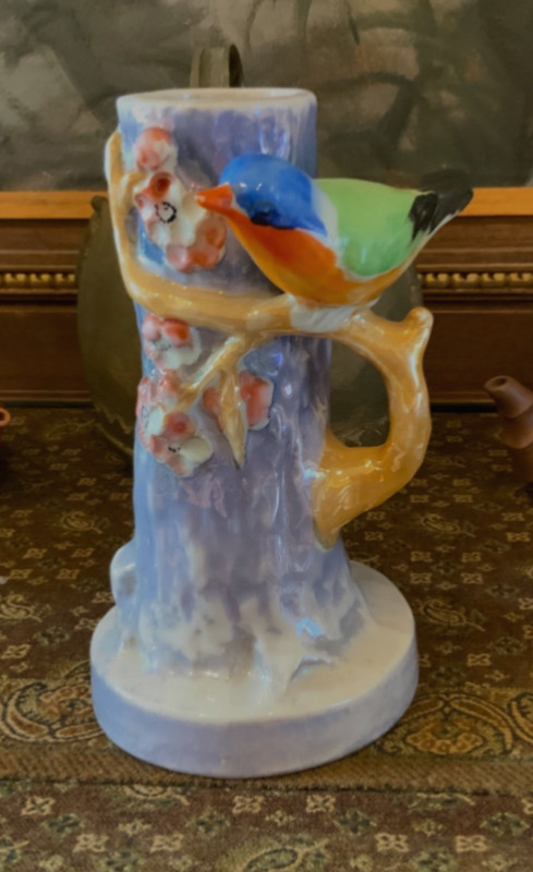 Vintage Glazed Ceramic Bird On A Flowering Branch Vase  6.25 Inches
