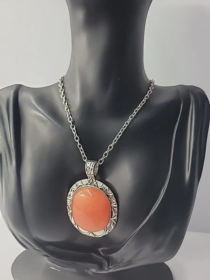 Collar Colgante Piedra Naranja Vintage Tono Plata Marco Floral Cabujón Ovalado Foto 4 de 4