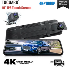 4K 1080P 10" Dash Cam Mirror Voice Control Car Rear View Backup Dual Camera