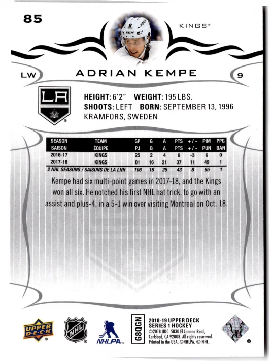 5 CARD LOT - 2018-19 Upper Deck Series 1 - Adrian Kempe #85 - Image 2 of 2
